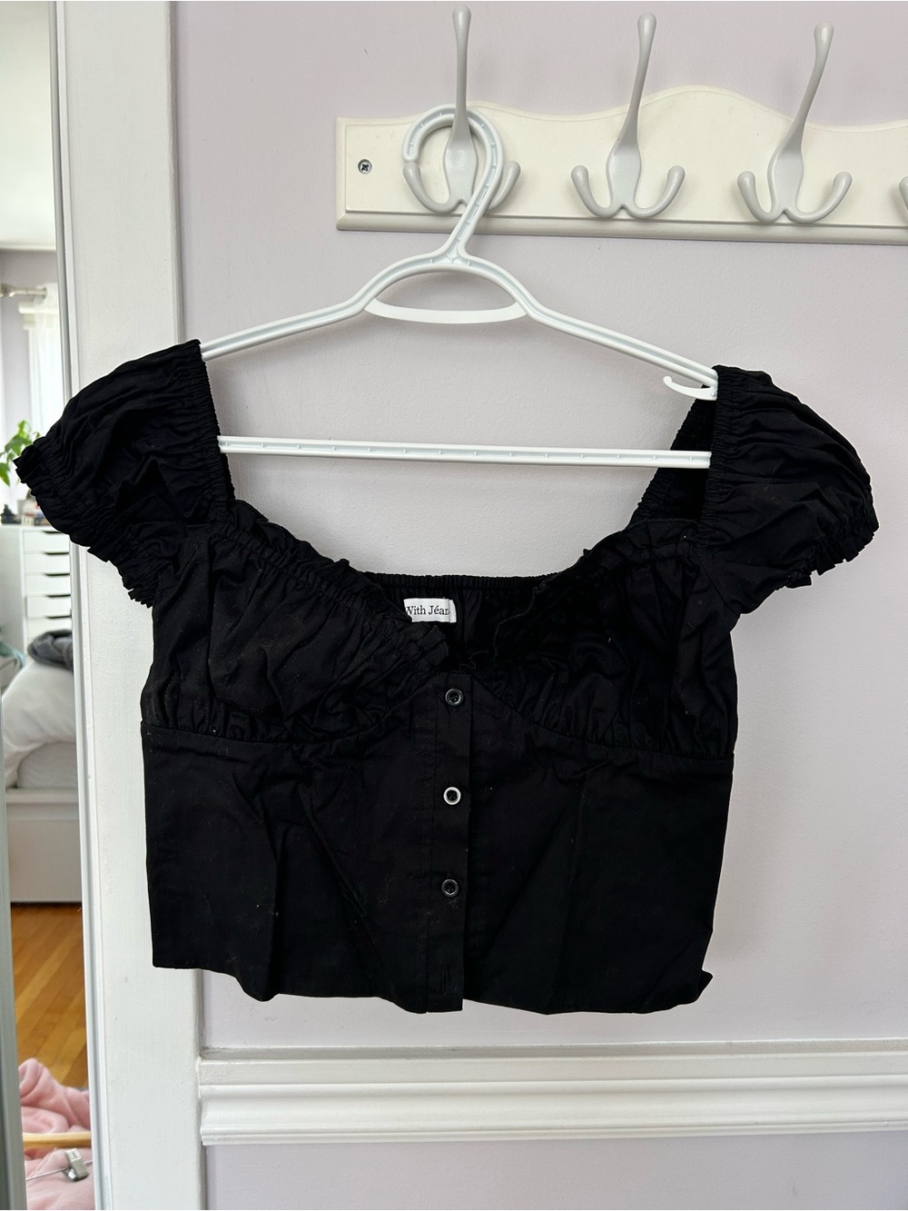 With Jean Black Puff-Sleeve Cropped Button Top